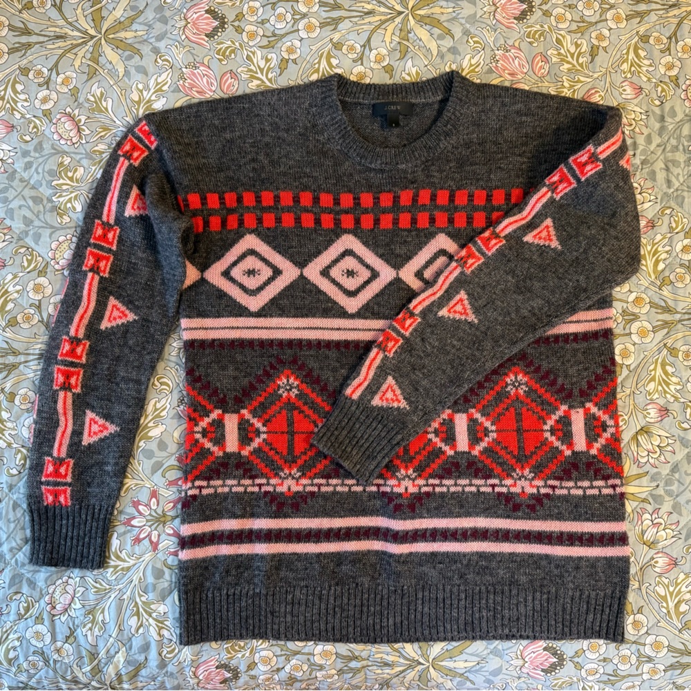 J. Crew Gray, Red, and Pink Fair Isle Sweater